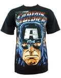 Captain America battle tested graphic on a black adult t-shirt.