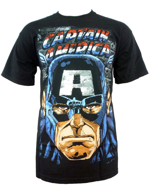 Captain America battle tested graphic on a black adult t-shirt.