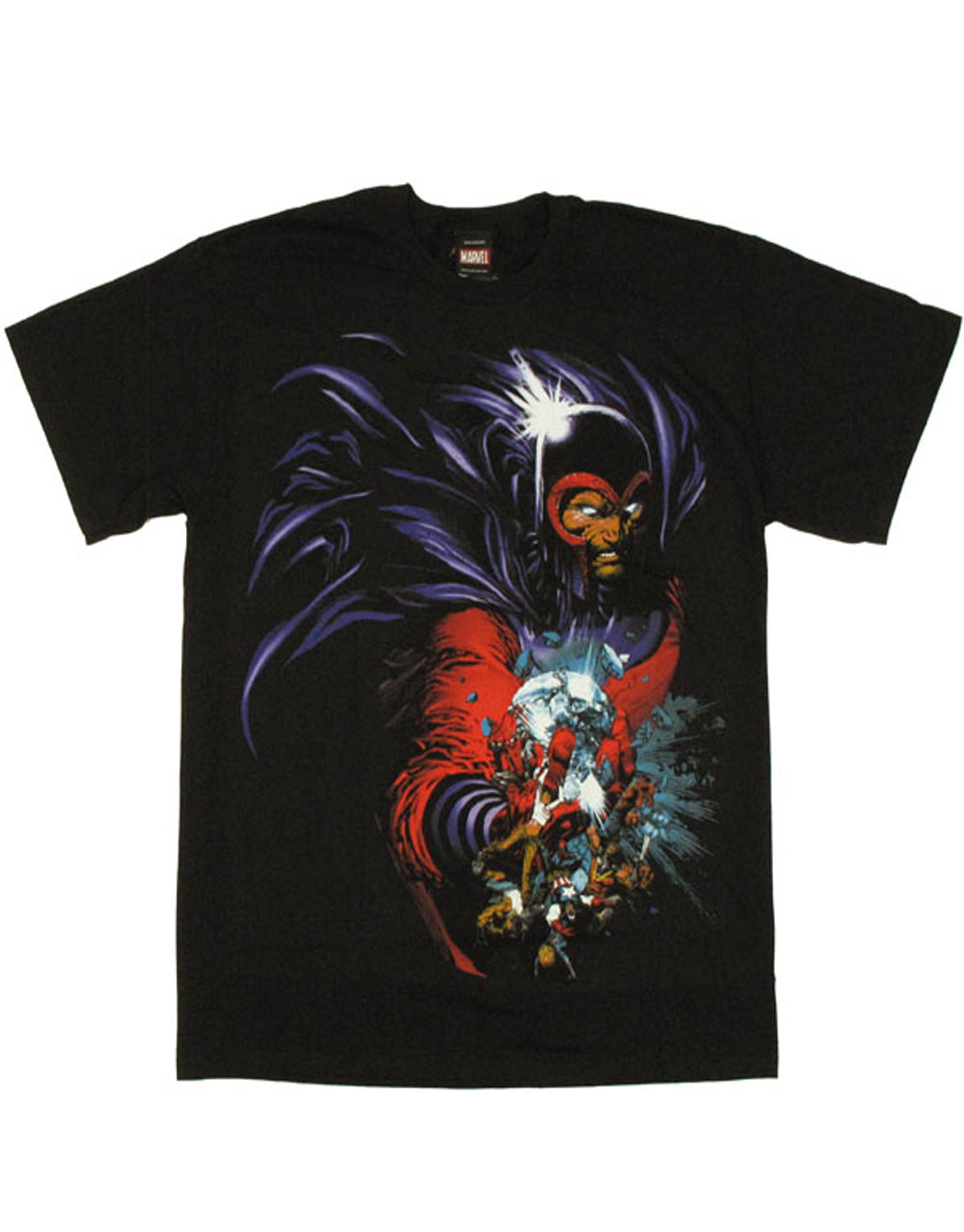 Magneto x-men magnet ball graphic on a black adult t-shirt.