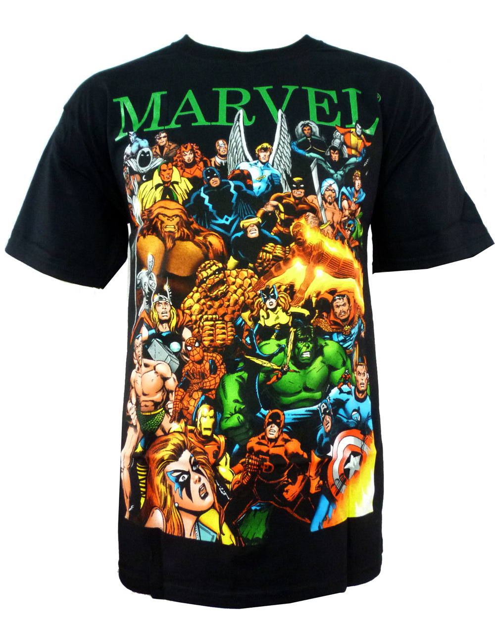 Marvel Avengers lot graphic on a black adult t-shirt.