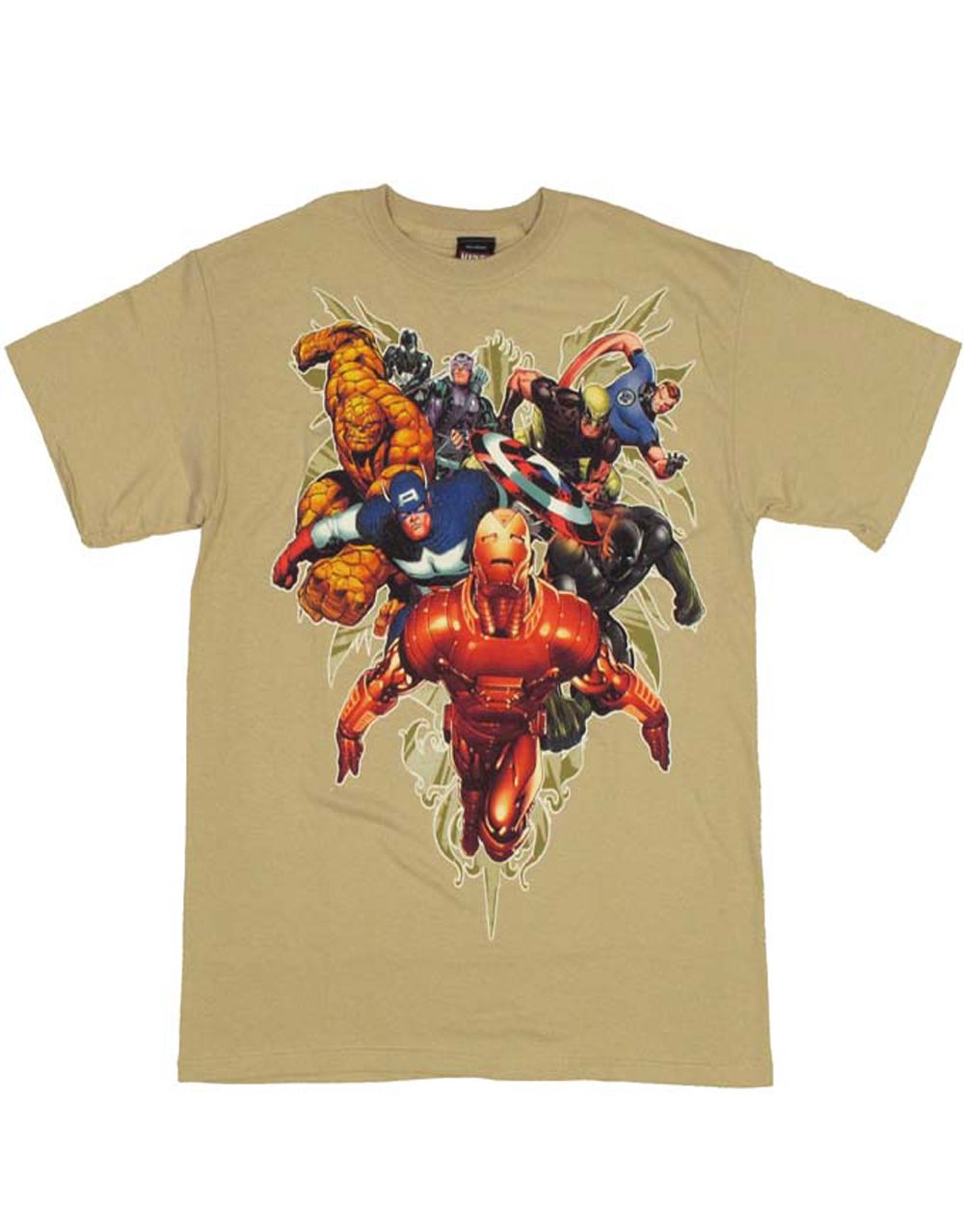 Marvel Avengers wing ding graphic on a beige adult t-shirt.