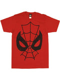 Spiderman mask distressed graphic on a red adult t-shirt.