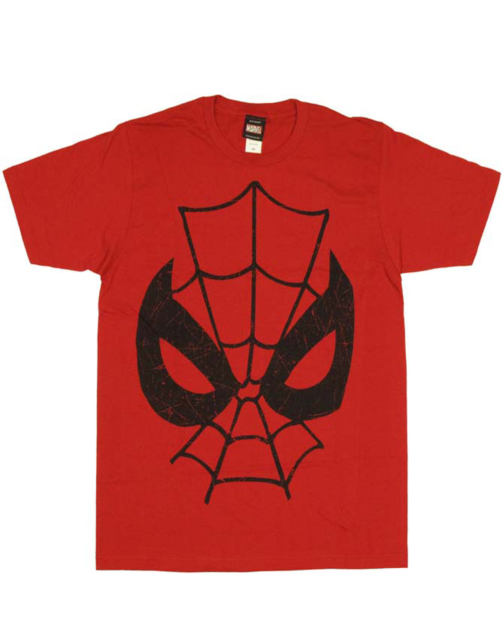 Spiderman mask distressed graphic on a red adult t-shirt.