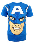 Captain America big face royal graphic on a blue adult t-shirt.