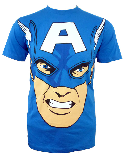 Captain America big face royal graphic on a blue adult t-shirt.