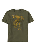 The Thing fantastic four rock monster graphic on a green adult t-shirt.