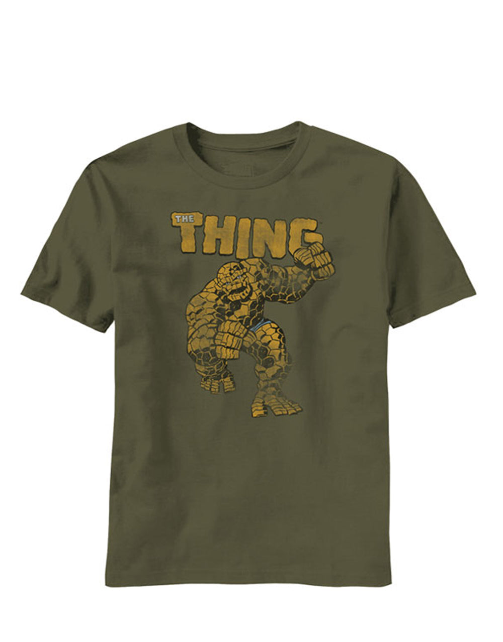 The Thing fantastic four rock monster graphic on a green adult t-shirt.