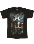 Captain America the American way costume graphic on a black adult t-shirt.