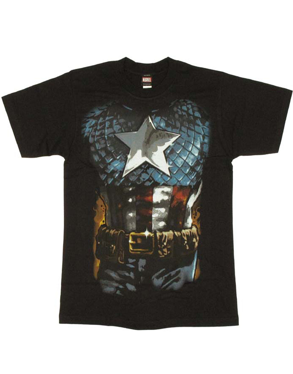 Captain America the American way costume graphic on a black adult t-shirt.