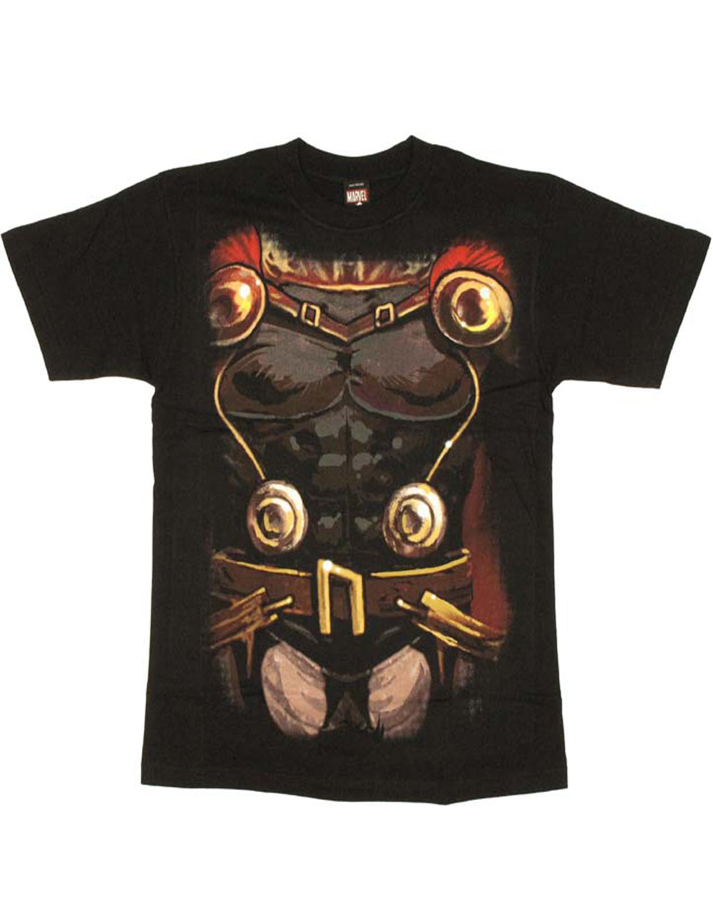 Thor nordic armor costume graphic on a black adult t-shirt.