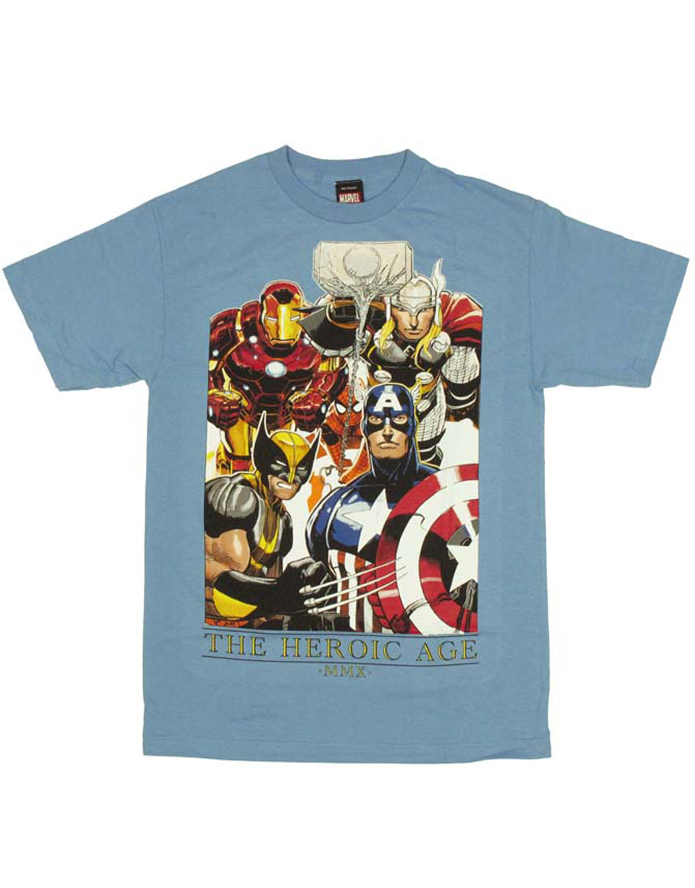 Marvel Avengers the heroic age graphic on a blue adult t-shirt.