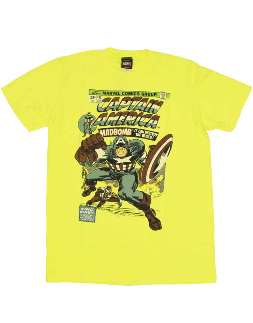 Captain America comic book graphic on a yellow adult t-shirt.