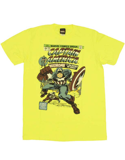 Captain America comic book graphic on a yellow adult t-shirt.