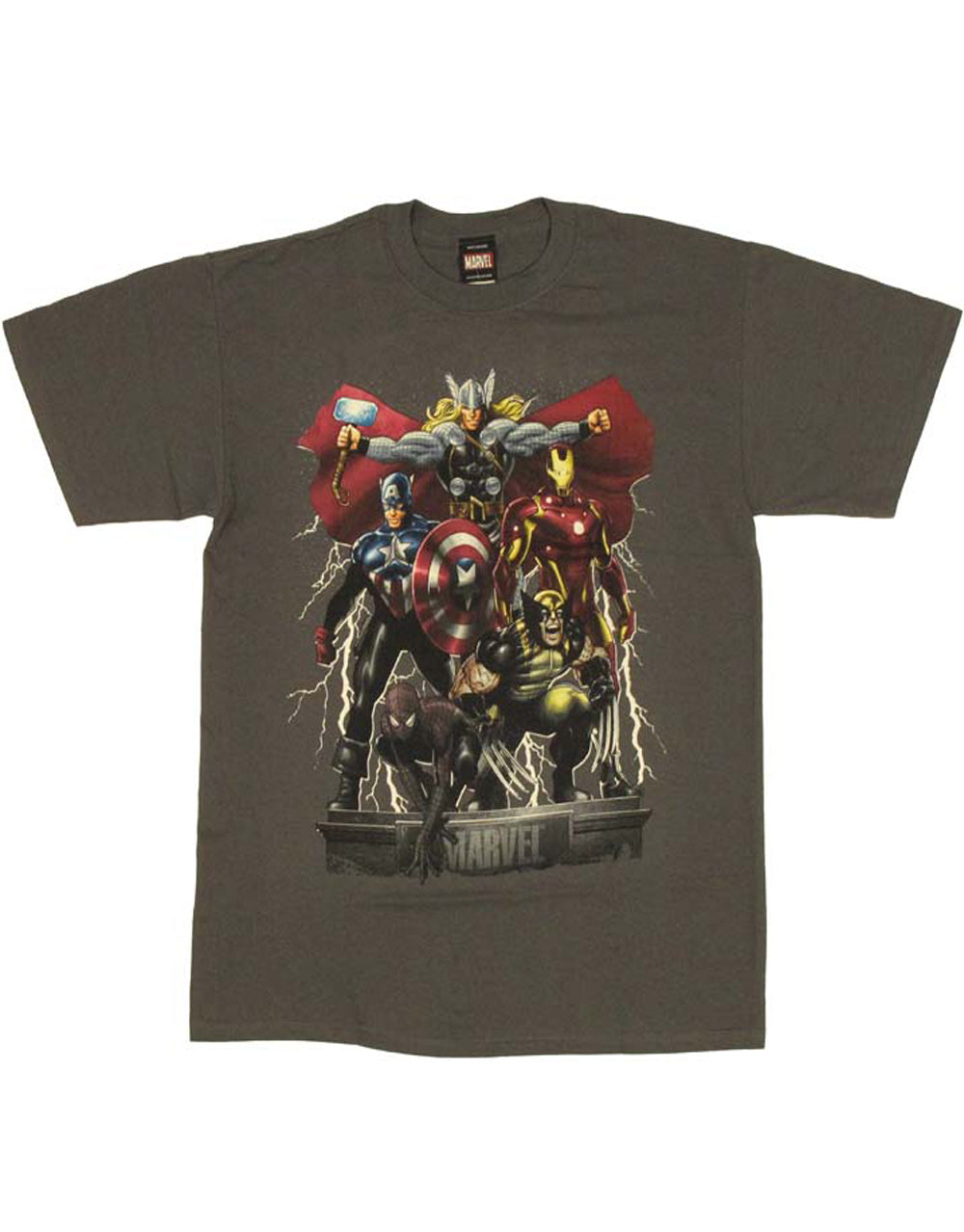 Marvel Avengers lighting storm graphic on a grey adult t-shirt.