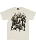 Marvel Avengers heroes blackline graphic on a black and white adult t-shirt.