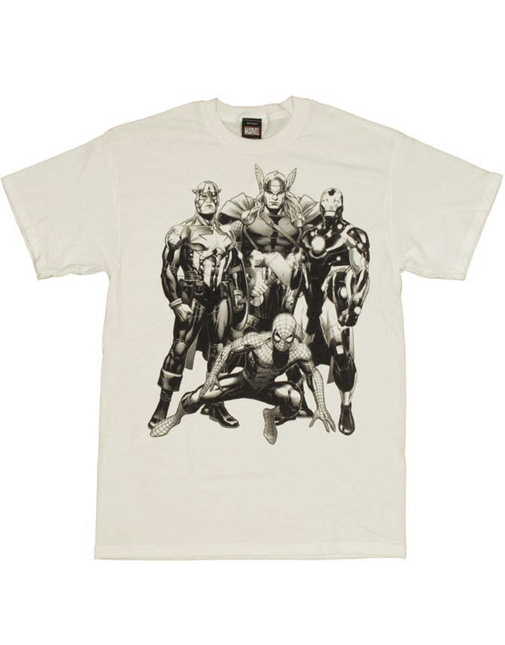 Marvel Avengers heroes blackline graphic on a black and white adult t-shirt.