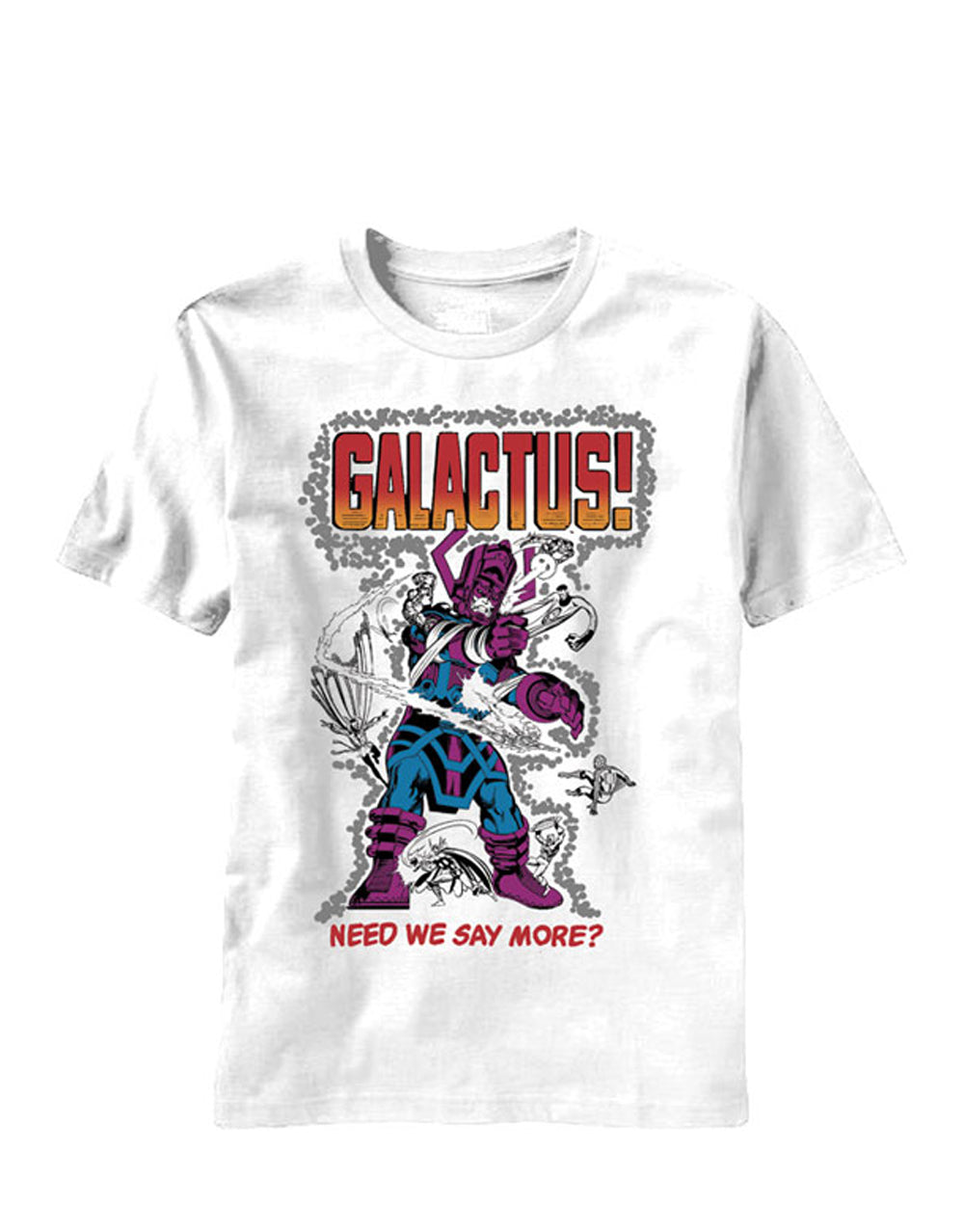 Galactus fight graphic on a white adult t-shirt.