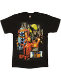 Marvel Avengers hieroglyphics graphic on a black adult t-shirt.