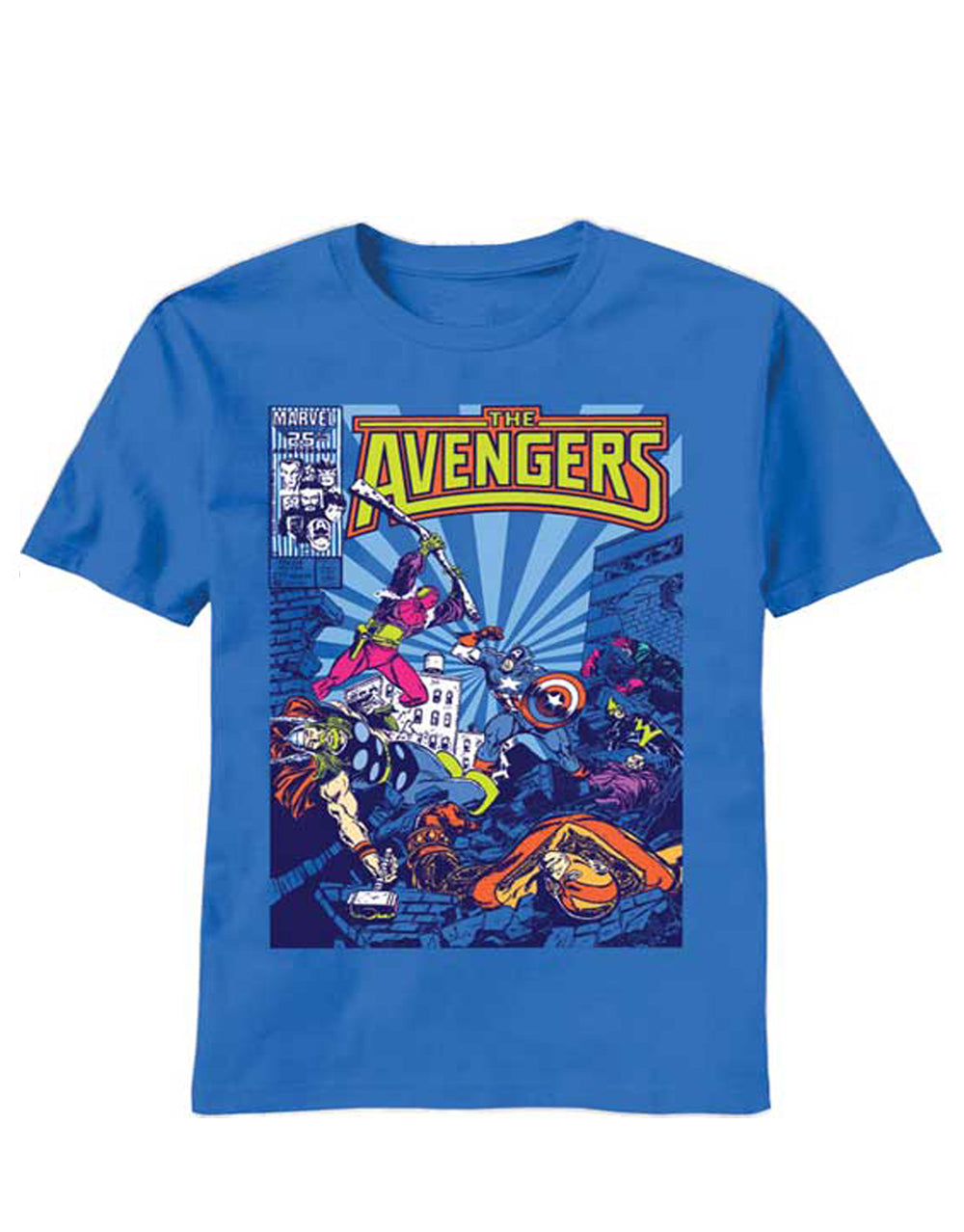 Marvel Avengers marvel comic avengers graphic on a blue adult t-shirt.