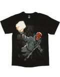 Captain America red skull power cube graphic on a black adult t-shirt.