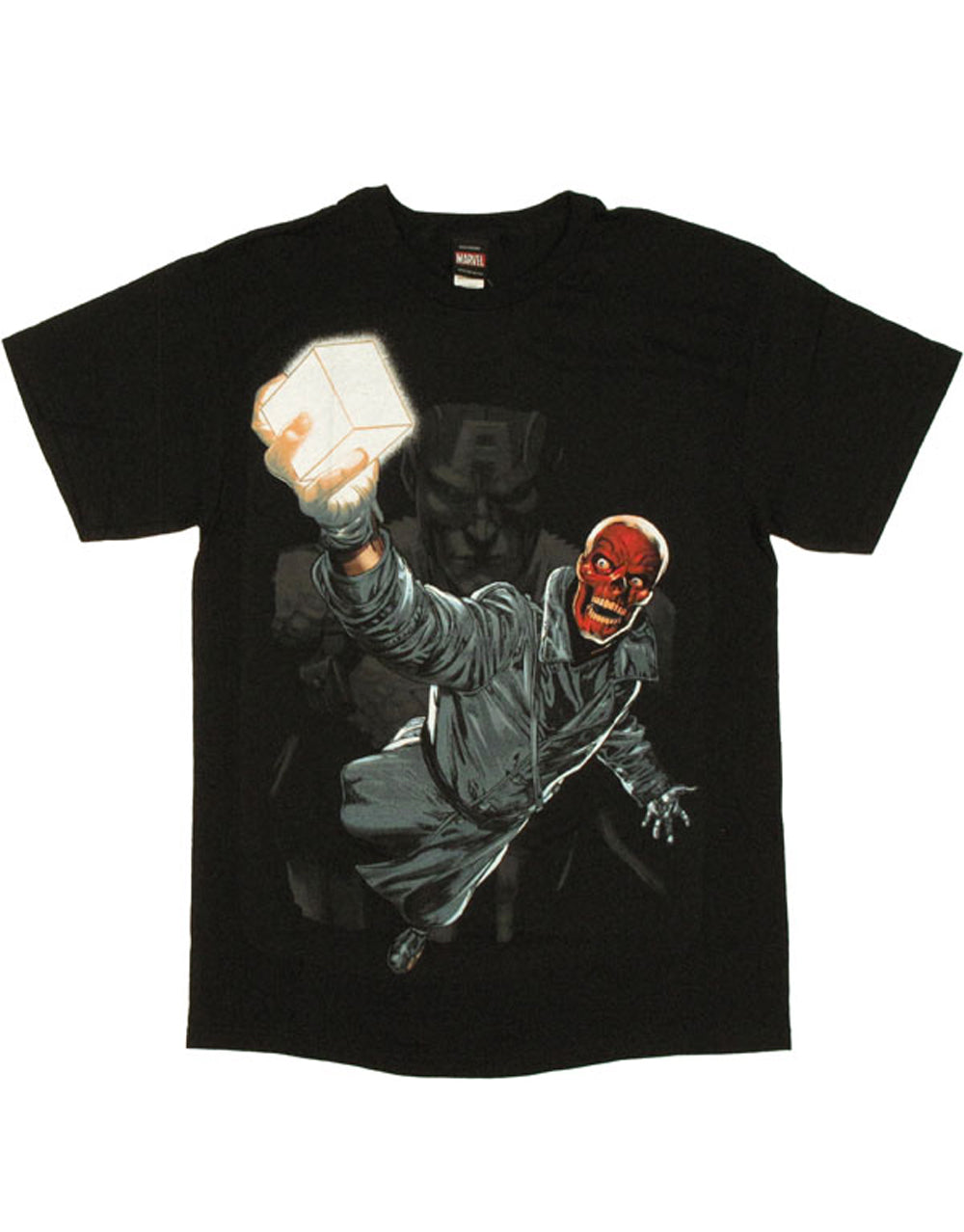 Captain America red skull power cube graphic on a black adult t-shirt.
