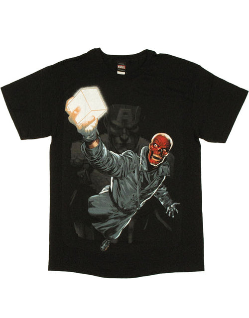 Captain America red skull power cube graphic on a black adult t-shirt.