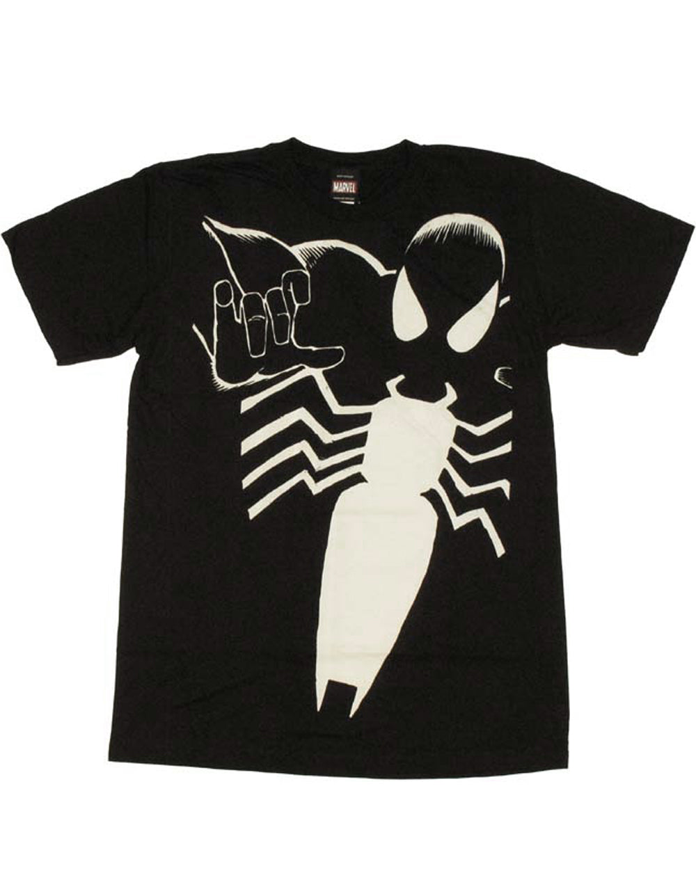 Spiderman arachnid graphic on a black adult t-shirt.