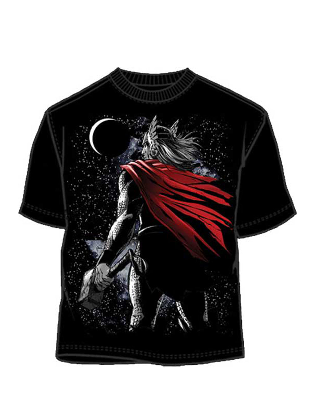 Thor hammer pose graphic on a black adult t-shirt.