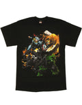 Marvel Avengers zip team graphic on a black adult t-shirt.