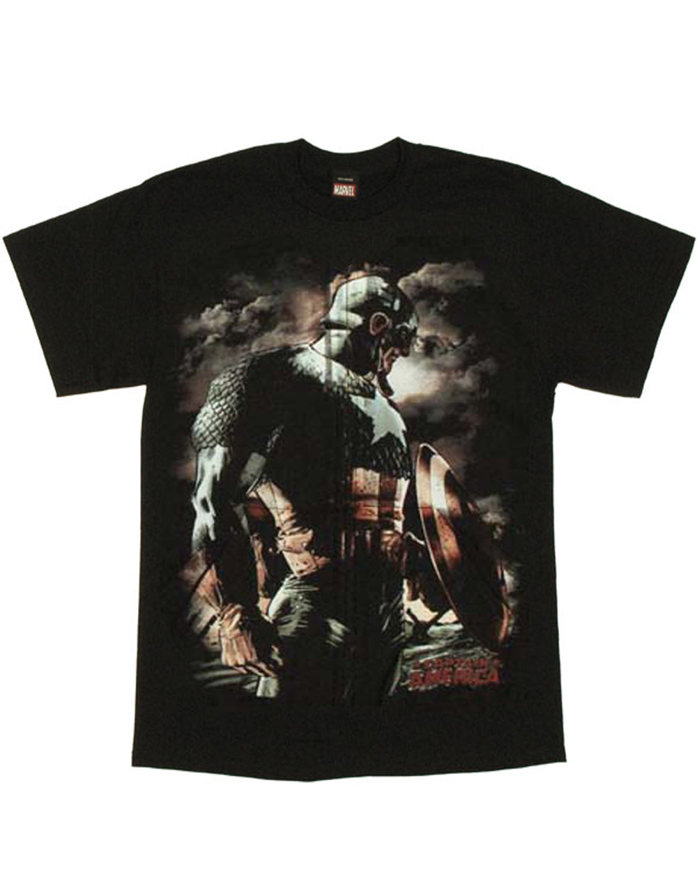 Captain America world war graphic on a black adult t-shirt.