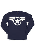 Captain America top soldier graphic on a navy blue adult long sleeve top.