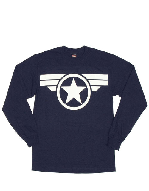 Captain America top soldier graphic on a navy blue adult long sleeve top.