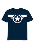 Captain America shield Steve Rogers graphic on a navy blue adult t-shirt.
