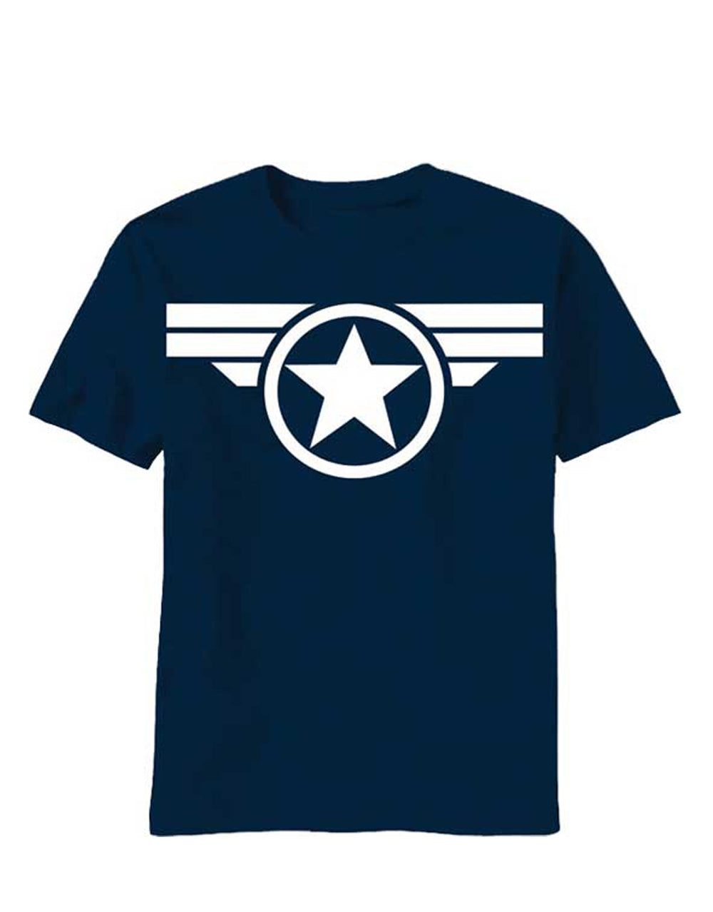 Captain America shield Steve Rogers graphic on a navy blue adult t-shirt.