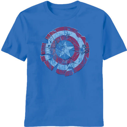 Captain America logo glass shield graphic on a blue adult t-shirt.