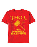 Thor athletic avenger graphic on a red adult t-shirt.