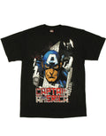 Captain America airplanes graphic on a black adult t-shirt.