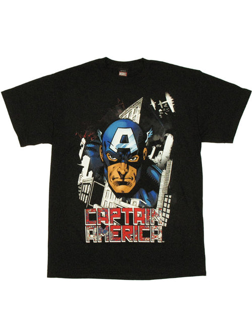 Captain America airplanes graphic on a black adult t-shirt.