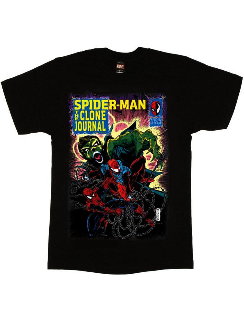 Spiderman the clone journal graphic on a black adult t-shirt.