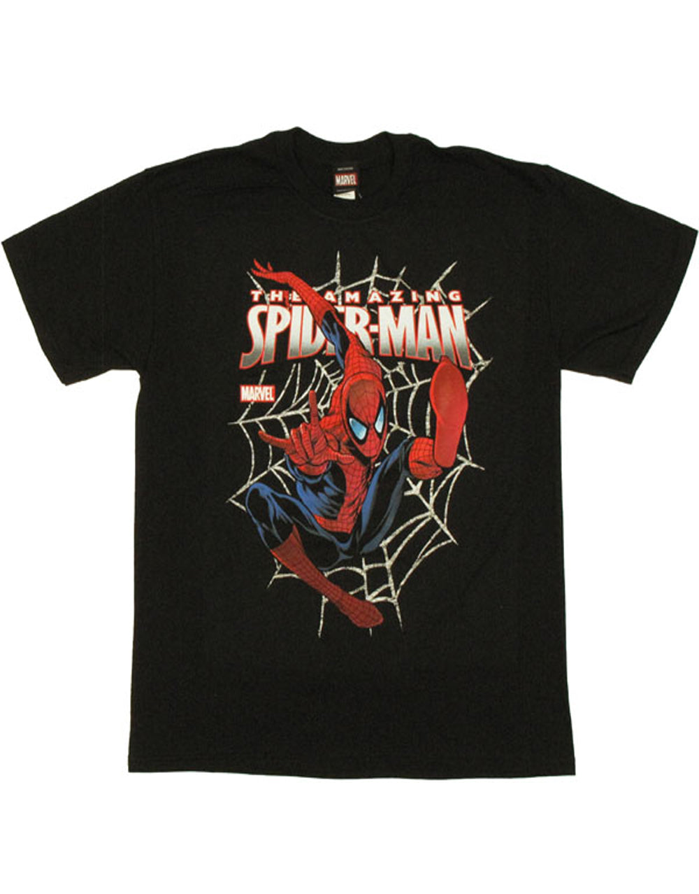 Spiderman gonna web graphic on a black adult t-shirt.