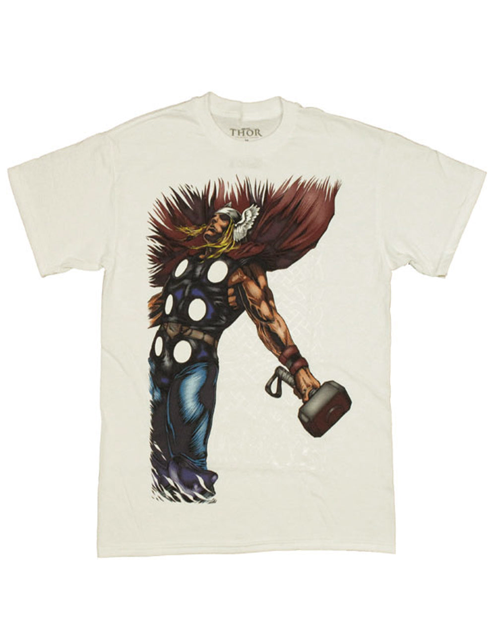 Thor serving hammer graphic on a white adult t-shirt.