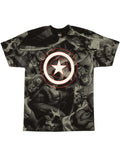 Captain America captain shield Rogers graphic on a black adult t-shirt.