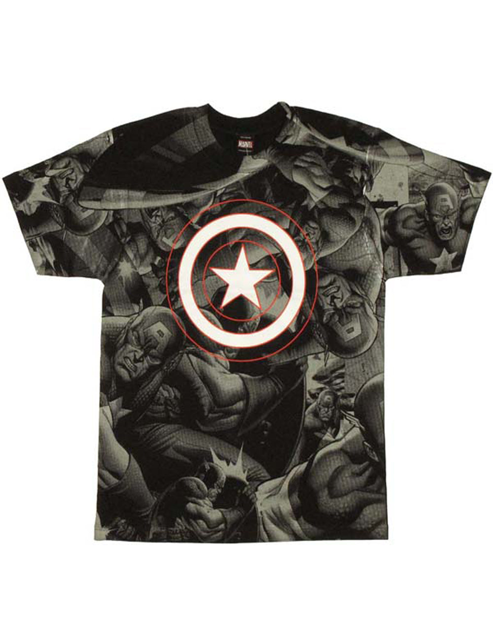 Captain America captain shield Rogers graphic on a black adult t-shirt.
