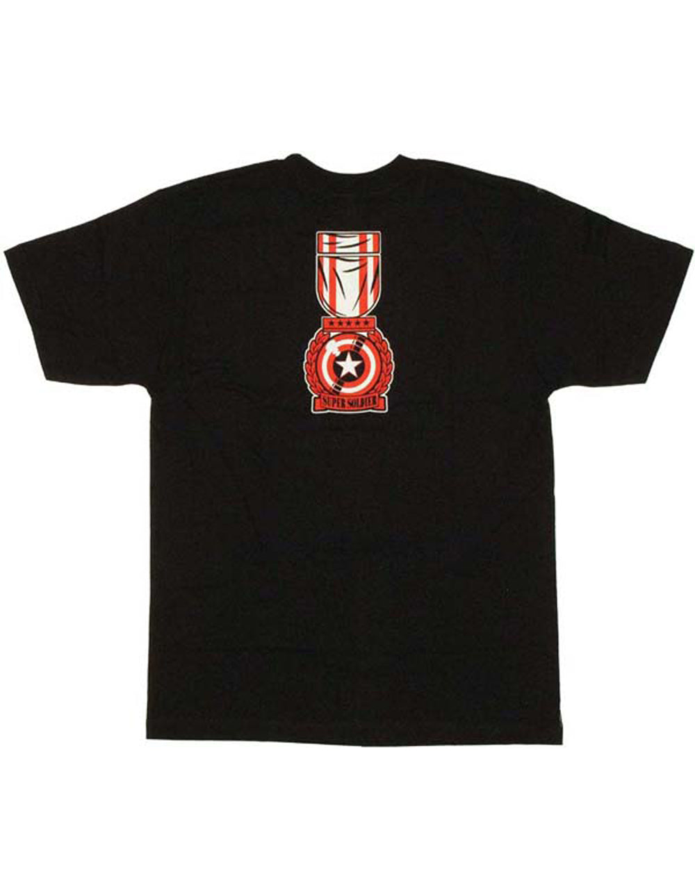 Captain America captain shield Rogers graphic on a black adult t-shirt.