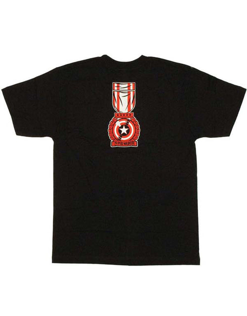Captain America captain shield Rogers graphic on a black adult t-shirt.
