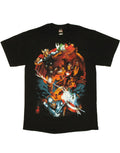 Marvel Avengers fight graphic on a black adult t-shirt.