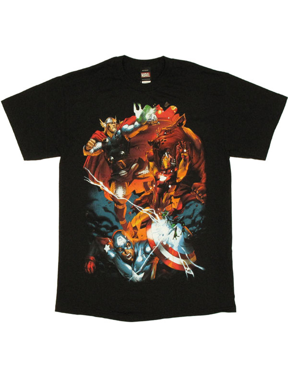Marvel Avengers fight graphic on a black adult t-shirt.