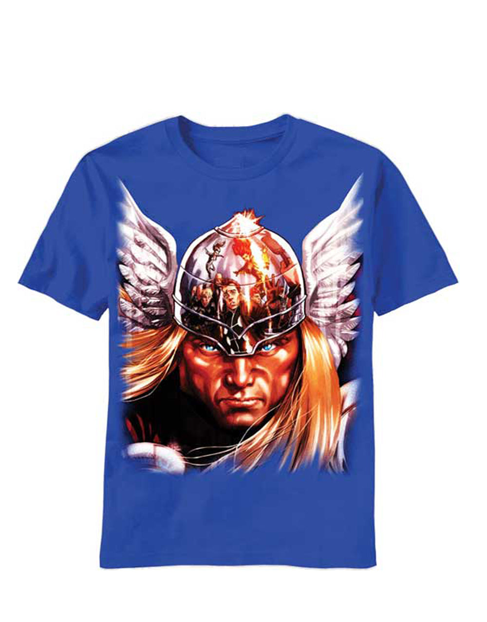 Thor the mighty look graphic on a blue adult t-shirt.