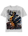 Wolverine x-men slasher graphic on a silver grey adult t-shirt.