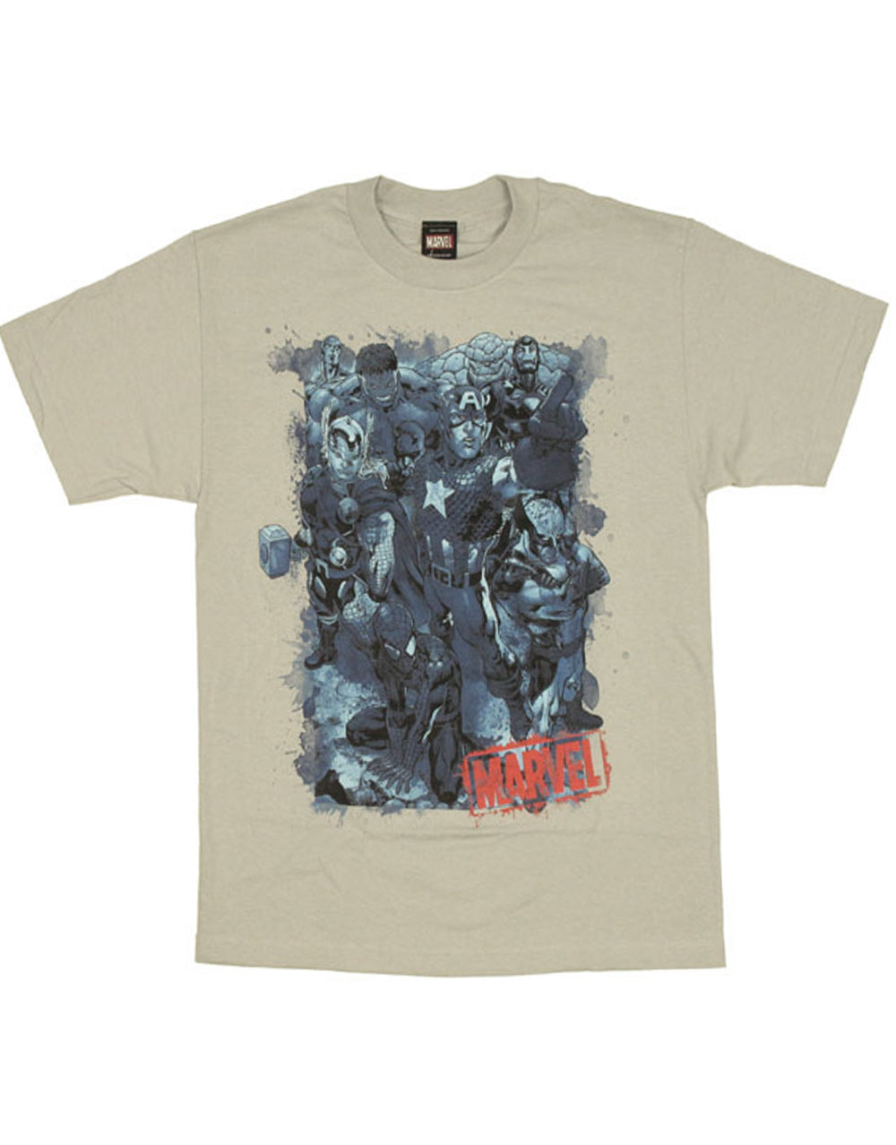 Marvel Avengers grim heroes graphic on a grey adult t-shirt.
